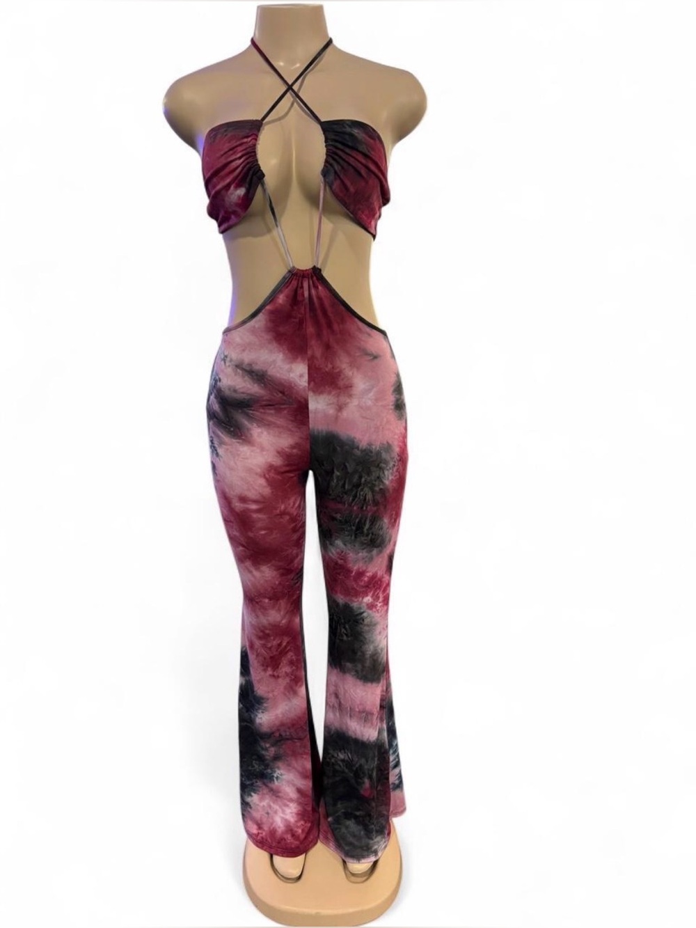 Fashion Nova Burgundy and Black Tie-Dye Cutout Halter Jumpsuit